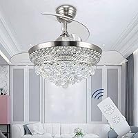 Crystal Chandelier Fandelier Chrome Ceiling Fan 42 Inch with Retractable Invisible Blades and 3 Changing LED Light Color Ceiling Fan Light for Indoor, Living Room, Dining Room, Bedroom