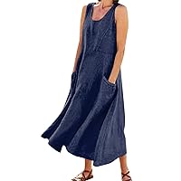 Plus Size Linen Dress Linen Dresses for Women 2024 Solid Color Classic Casual Loose Fit with Sleeveless U Neck Pockets Dress Navy 5X-Large