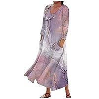Womens Summer Floral Print Casual Cotton Linen Dress,2024 3/4 Sleeve U Neck Maxi Beach Dresses with Pockets