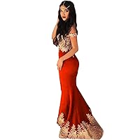 Women's Off The Shoulder Mermaid Prom Dress Gold Lace Applique Formal Evening Gowns