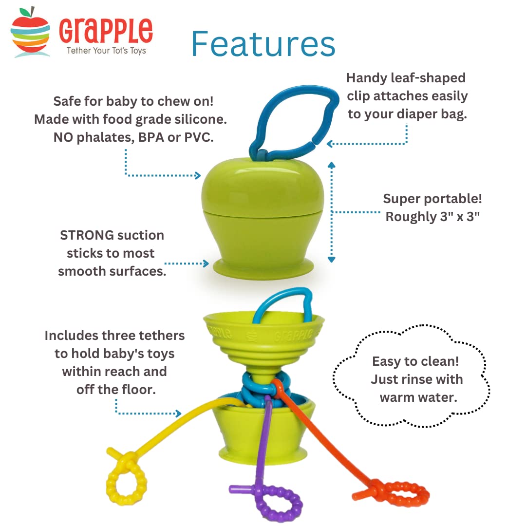 Grapple Suction Cup High Chair Toys Holder | 3 Toy Tethers Keep Toys from Falling | Holds Teethers, Toys, Snack Cups | for Babies 6-12 Months | Perfect for Travel and Restaurant