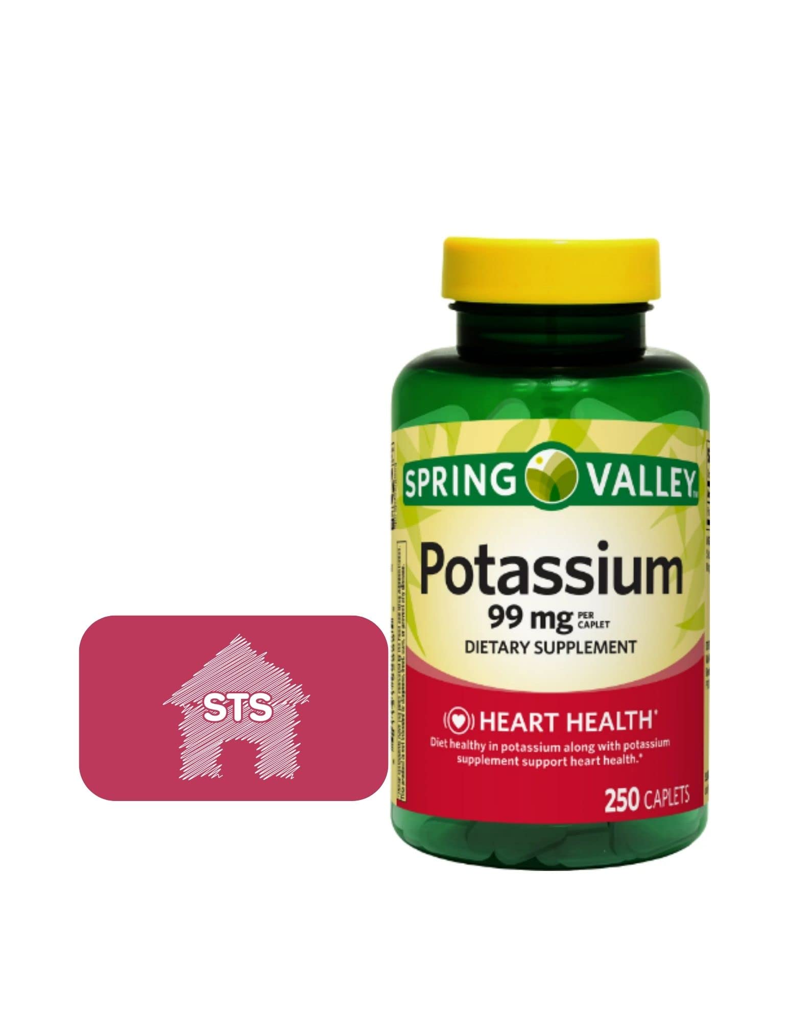 Spring Valley Potassium 99 mg, Caplets for Heart, Nerve & Muscle Function, 250 Count + STS Home Fridge Magnet