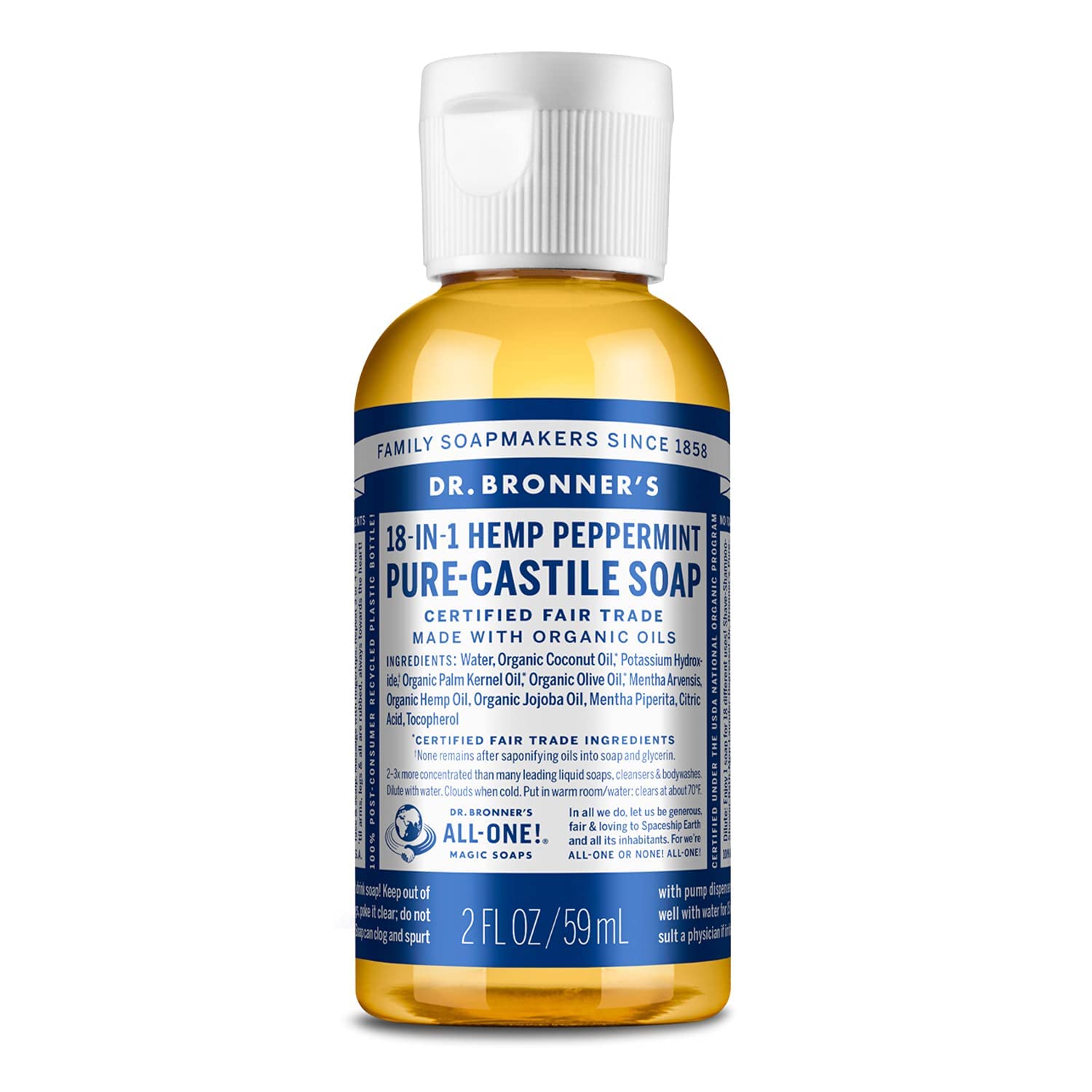 Dr. Bronner’s - Pure-Castile Liquid Soap (Peppermint, Travel Size, 2 ounce) - Made with Organic Oils, 18-in-1 Uses: Face, Body, Hair, Laundry, Pets and Dishes, Concentrated, Vegan, Non-GMO