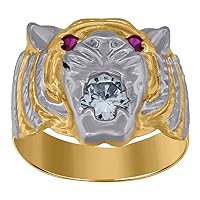 10k Two tone Gold Mens White Pink CZ Cubic Zirconia Simulated Diamond Tiger Animal Ring Jewelry for Men