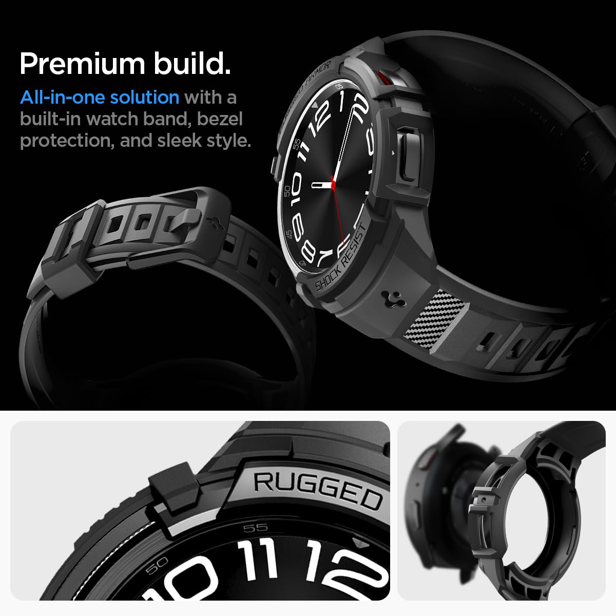 Spigen Rugged Armor Pro Designed for Samsung Galaxy Watch 6 Classic 43mm Case with Band, Rugged Galaxy Watch Band with Protective Case (2023) - Black