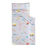 Wake In Cloud - Extra Long Nap Mat with Removable Pillow for Kids Toddler Boys Girls Daycare Preschool Kindergarten Sleeping Bag, Car Crane Excavator Truck on Gray, 100% Cotton with Microfiber Fill