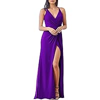A Line Chiffon Deep V Neck Bridesmaid Dresses with Slit Pleated Formal Dress for Evening Party Wedding for Women
