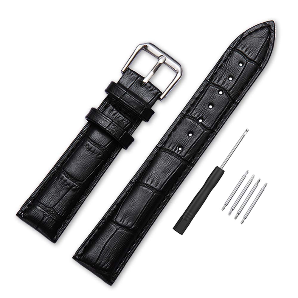 Narako Alligator Style Genuine Leather Watch Bands Genuine Calf Leather Replacement Watch Strap with Stainless Metal Buckle Clasp 12mm 14mm 16mm 18mm 20mm 22mm 24mm for Men and Women