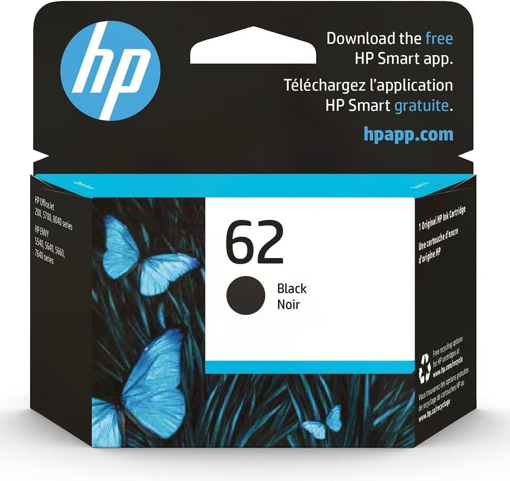 HP 62 Black Ink Cartridge | Works with HP ENVY 5540, 5640, 5660, 7640 Series, HP OfficeJet 5740, 8040 Series, HP OfficeJet Mobile 200, 250 Series | Eligible for Instant Ink | C2P04AN
