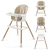 6-in-1 Convertible High Chair for Babies and Toddlers, Baby Feeding Chair with Adjustable Legs & Double Dishwasher Safe Tray, Infants Eating Chair with Footrest & Safety Harness (Beige)