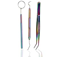 Dental Hygiene Set - 3pcs Basic Dental Instruments Stainless Steel Dental Rainbow Tooth Pick, Mouth Mirror,Cotton Plier - Dentists Tools Set is Ideal for Personal Use & Pet Friendly