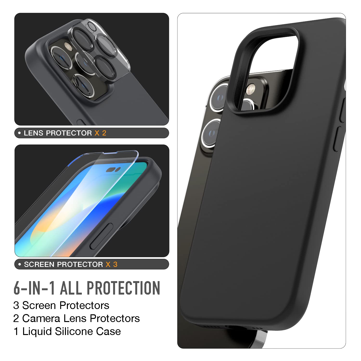 Trianium [6 in 1 Designed for iPhone 14 Pro Max Case Silicone (Black), with 3 Pack Screen Protector + 2 Pack Camera Lens Protector, Bundle Protection Kit HD Tempered Glass Cover 6.7 Inch 2022