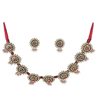 Binnis Wardrobe Red & Gold Toned German Silver Antique Choker Jewellery Set (Necklace, Earrings)