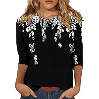 Women's Plus Size Graphic Tees Vintage Ethnic Floral Shirt Casual 3/4 Sleeve Crew Neck Blouse Boho Print Tunic Tops