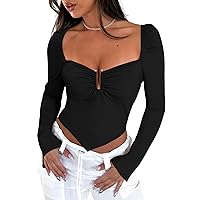 DIRASS Women's Sexy Square Neck Long Sleeve Crop Top Ruched Asymmetrical Hem Shirts