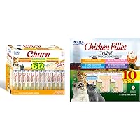INABA Churu Cat Treats, Grain-Free, 0.5 Ounces, 60 Tubes, Chicken Variety Box & Natural, Premium Hand-Cut Grilled Chicken Fillet Cat Treats/Topper/Complement, 0.9 Ounces Each, Pack of 10, Variety Pack