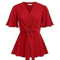 GRACE KARIN 2024 Women's Elegant V Neck Peplum Tops Tie Front Short Bell Sleeve Shirts Tops Blouse