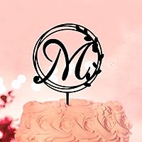 Initial M Cake Topper Single Letter Monogram Name Acrylic Black Botanical Wreath For Wedding Anniversary Cake Decorations Romantic Botanical Wreath Custom Any Initial Bridal Shower Gifts