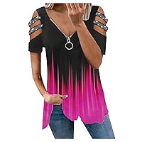 Women's T Shirts Summer T Shirts Short Sleeve V Neck Tunic with Zipper Cold Shoulder Tops Petite