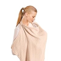 Muslin Nursing Cover for Breastfeeding, Upgraded Breastfeeding Cover with Neck Fan Buckle and Rigid Hoop for Mother Nursing Apron Multi-use Carseat Canopy, 100% Cotton (Khaki Color)