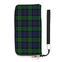 Black Watch Plaid Women's PU Leather Zip Around Wallets Handbag Cellphone Purse Card Holder With Wristlet Strap