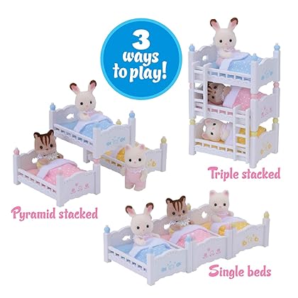 Calico Critters Triple Baby Bunk Beds, Dollhouse Toy Furniture, Multicolor, basic (CC2624), Set includes three beds, three mattresses with pillows, three blankets and two ladders