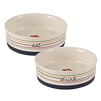 Bone Dry Ceramic Food & Water Bowls for Pets Non-Slip for Secure Less Messy Feeding, Microwave & Dishwasher Safe, Large Set, 7.5x2.4 Eat/Drink