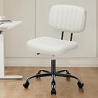 Sweetcrispy Armless Home Office Desk Chair with Wheels, PU Leather Low Back Lumbar Support, Adjustable Height 360° Rolling Swivel Without Arm for Small Space, Rectangular, Cream White
