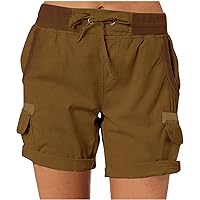 Women's Cargo Shorts Relaxed Fit High Waist Shorts Solid Drawstring Pocketed Short Pants 2023 Hiking Outdoor Bermuda Short