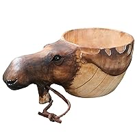 Hand Carved Wooden Mug,Animal Head Wooden Cups,Handcrafted Traditional Wooden Camp Cup For Travelers, Outdoor Camping, Jungle Craft Gift (Moose)