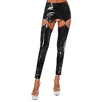 ACSUSS Womens Glossy Patent Leather Mini Skirt with Garter Clips Thigh Cutout Tights Leggings Sexy Clubwear
