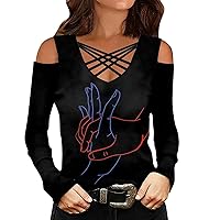 XJYIOEWT Custom T Shirts for Women Front and Back Ladies Long Sleeve Off Shoulder Top Printed Round Neck Valentine's Da