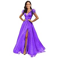 Women's Sequin Prom Dress with Feathers V Neck A Line Slit Formal Ball Gowns Wedding Party Dress