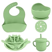Silicone Baby Feeding Set, Baby Led Weaning Supplies, Toddler Self Feeding Dish Set with Suction Plate Spoons Forks Adjustable Bib, Food-Grade Silicone Utensils (9 PCS, Olive Green)