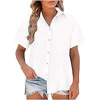 Linen Shirts for Women Cotton Button Down Shirt Short Sleeve Loose Fit Collared Casual Work Blouse Plus Size Tops