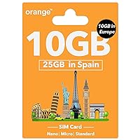Orange Europe Prepaid SIM Card for 28 Days - 10GB Internet Data in 4G/LTE in Europe, 25GB + 400 Minutes Calling in Spain, Europe SIM Card for iPhone and Android, Supported Hotspot