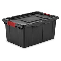 Sterilite 15 Gal Industrial Tote, Stackable Storage Bin with Latching Lid, Plastic Container with Heavy Duty Latches, Black Base and Lid, 6-Pack