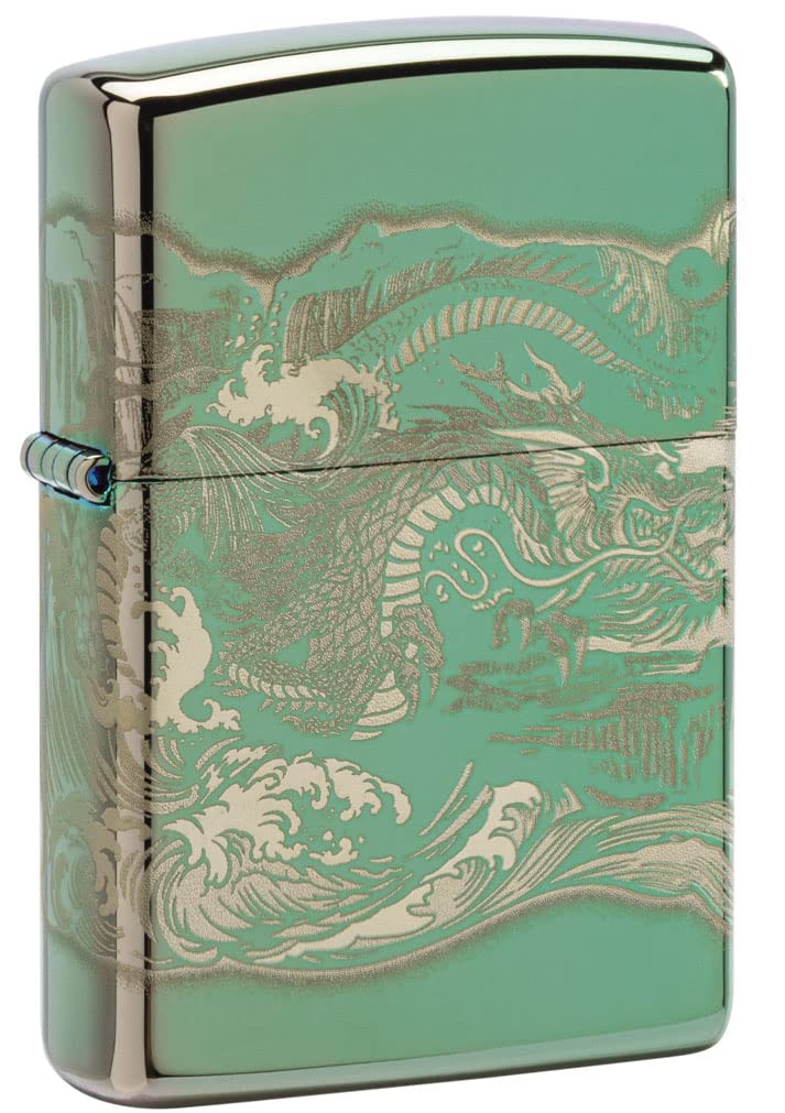 Zippo Lighter, Dragon and Tiger, Engraved 360 - High Polish Green 80877