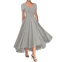 Tea Length Mother Dresses - Lace Applique Mother of The Bride Dresses for Wedding Short Sleeves