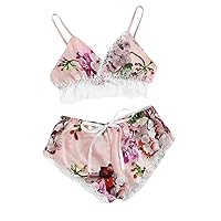 Women's 2 Piece Floral Print Pajama Sets Lace Trim Lingerie Set Nightwear Sleepwear with Cami Crop Top and Shorts