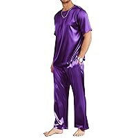 Ekouaer Mens Silk Satin Pajama Set Short Sleeve Sleepwear Silky Loungewear with Long Pants