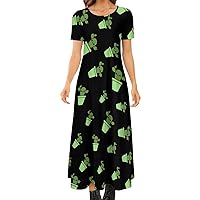Cute Cactus in Green Pot Women's Summer Casual Short Sleeve Maxi Dress Crew Neck Printed Long Dresses