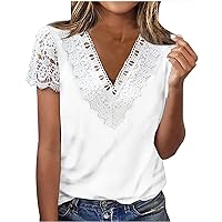 Women Hollow Out Lace Short Sleeve V Neck T-Shirts Summer Color Block Casual Loose Fit Dressy Fashion Tee Tops