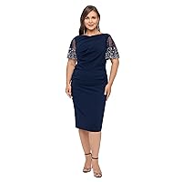 Betsy & Adam Women's Plus Size Midi Stretch Scuba Crepe with Beaded Sleeve Dress