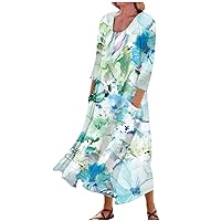 3/4 Sleeve Dresses for Women Summer Boho Long Dress Casual Maxi Dresses Flowy Printed Beach Sundresses with Pockets