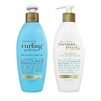 OGX Argan Oil of Morocco Curling Perfection Curl-Defining Cream, Hair-Smoothing Anti-Frizz Cream with Quenching + Coconut Curls Frizz-Defying Curl Styling Milk, Nourishing Leave-In Hair Treatment
