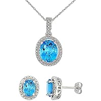 Silver City Jewelry 10K White Gold 0.1 cttw Diamond Natural Swiss Blue Topaz Oval 7x5mm Earrings & 10x8mm Pendant Set