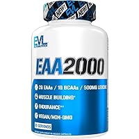 Evlution Nutrition EAA2000 - Pre & Post Workout Capsules - Muscle Building + Recovery Supplement - 2g Essential Amino Acids + 1g BCAAs - Endurance + Energy Support - 30 Servings