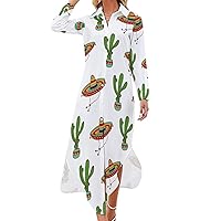 Mexican Sombrero Hat Cactus Pattern Women's Shirt Dress Long Sleeve Button Down Shirts Dress Casual Loose Maxi Dresses