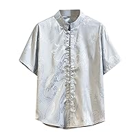 Male Spring and Summer Printed Ethnic Style Retro Short Sleeve Stand Up Collar Shirt Long Sleeve Button Down